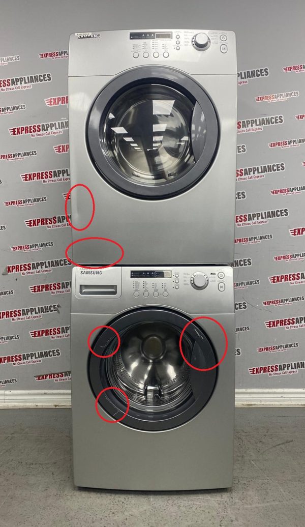 Used Samsung 27” Front Load Washer and Electric Dryer Stackable Set WF203ANS/XAC DV203AES/XAC For Sale