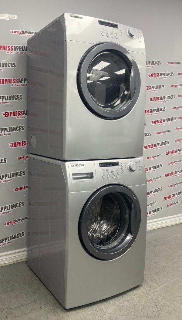 Used Samsung 27” Front Load Washer and Electric Dryer Stackable Set WF203ANS/XAC DV203AES/XAC For Sale