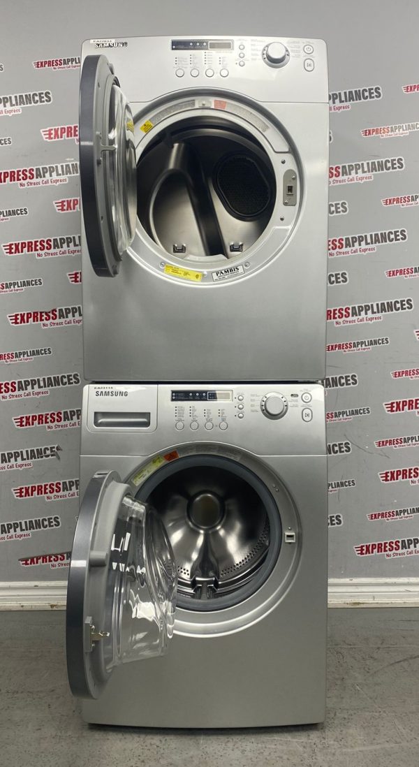 Used Samsung 27” Front Load Washer and Electric Dryer Stackable Set WF203ANS/XAC DV203AES/XAC For Sale