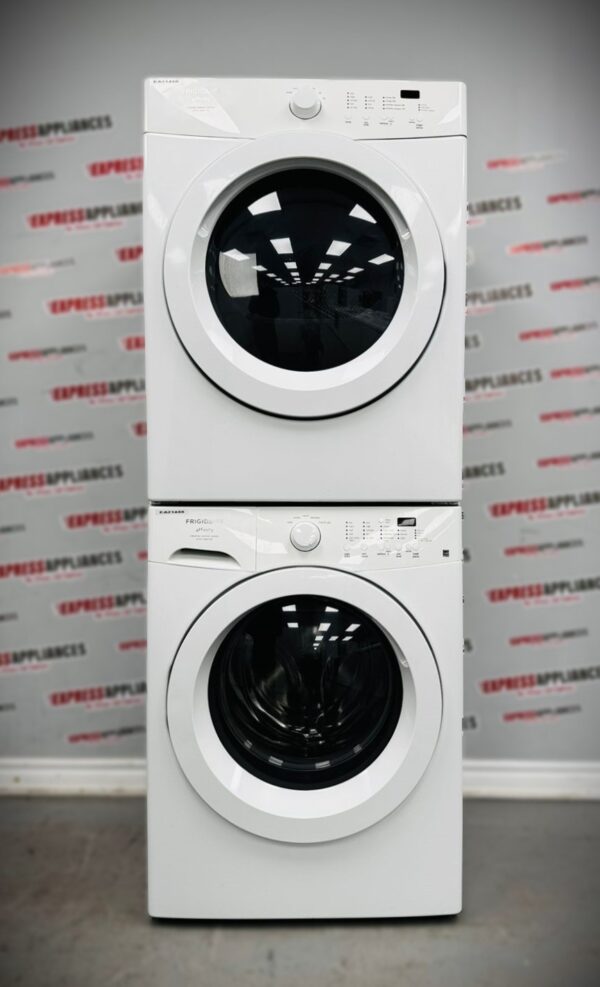 Used Frigidaire 27” Stackable Washer and Dryer Set FAFW3801LW3 CAQE7001LW0 For Sale