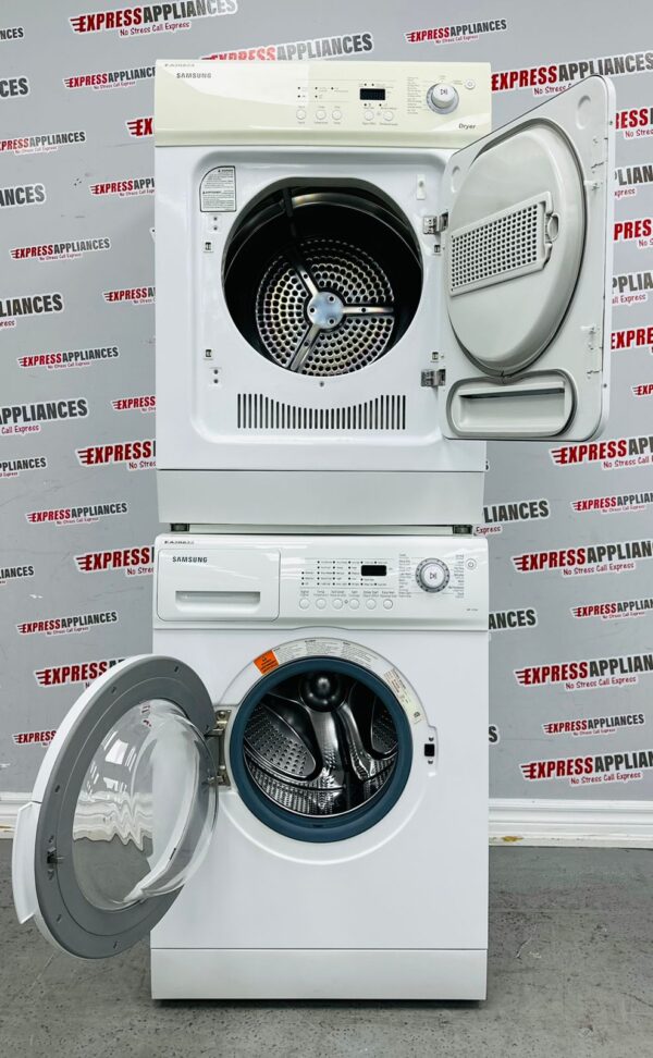 Used Samsung 24” Washer and Dryer Stackable Apartment-Size Set WF-J1254, DV665JW For Sale