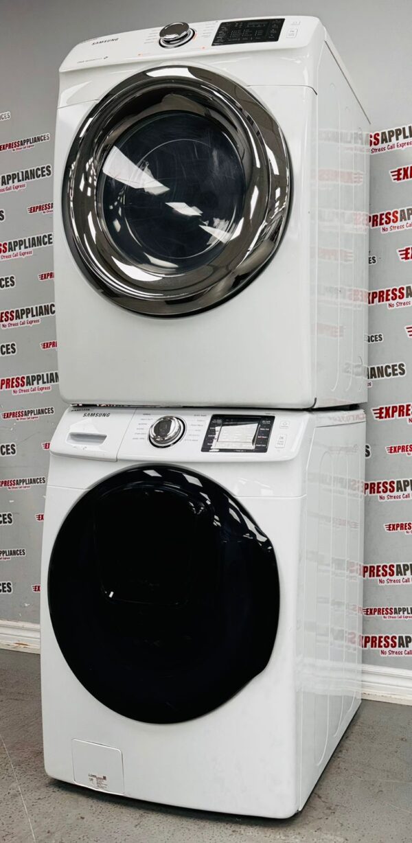 Used Samsung 27” Stackable Washer and Dryer Set WF45K6200AW/A2, DV42H5200EW/AC For Sale