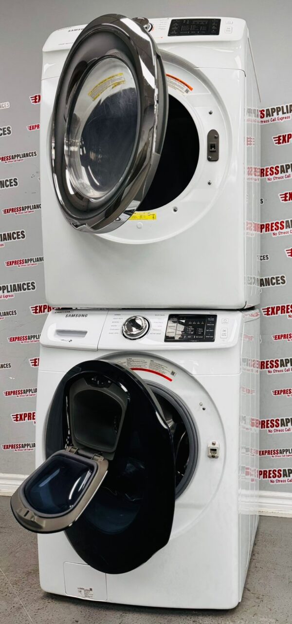 Used Samsung 27” Stackable Washer and Dryer Set WF45K6200AW/A2, DV42H5200EW/AC For Sale