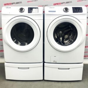 Used Samsung Front Load Washer/Dryer 27” Set on Pedestals WF42H5000AW/A2 DV42H5000EW/AC For Sale