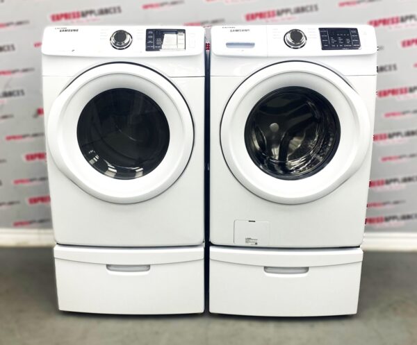 Used Samsung Front Load Washer/Dryer 27” Set on Pedestals WF42H5000AW/A2 DV42H5000EW/AC For Sale