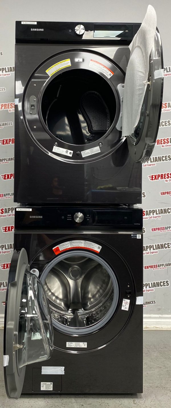 Open Box Samsung Front Load Washer and Dryer 27” Stackable Set WF46BB6700AVUS, DVE46BB6700V For Sale