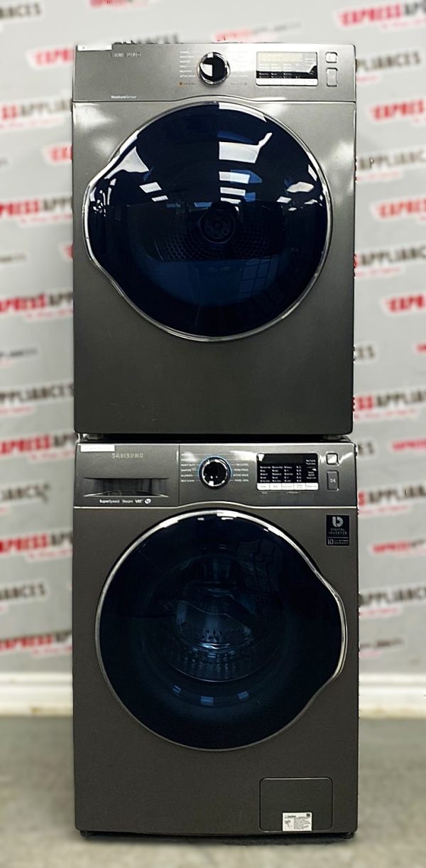 Used Samsung 24” Front Load Washer and Electric Dryer Stackable Set WW22K6800AX/A2 DV22K6800EX/AC For Sale