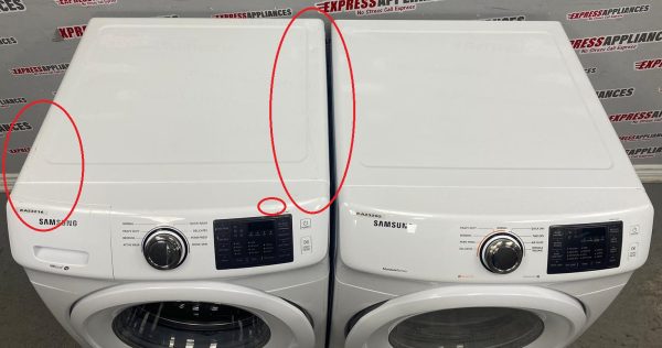 Used Samsung 27” Front Load Washer and Electric Dryer Stackable Set WF45M5100AW/A5 DV42H5000EW/AC For Sale