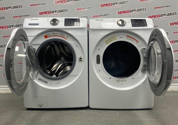 Used Samsung 27” Front Load Washer and Electric Dryer Stackable Set WF45M5100AW/A5 DV42H5000EW/AC For Sale