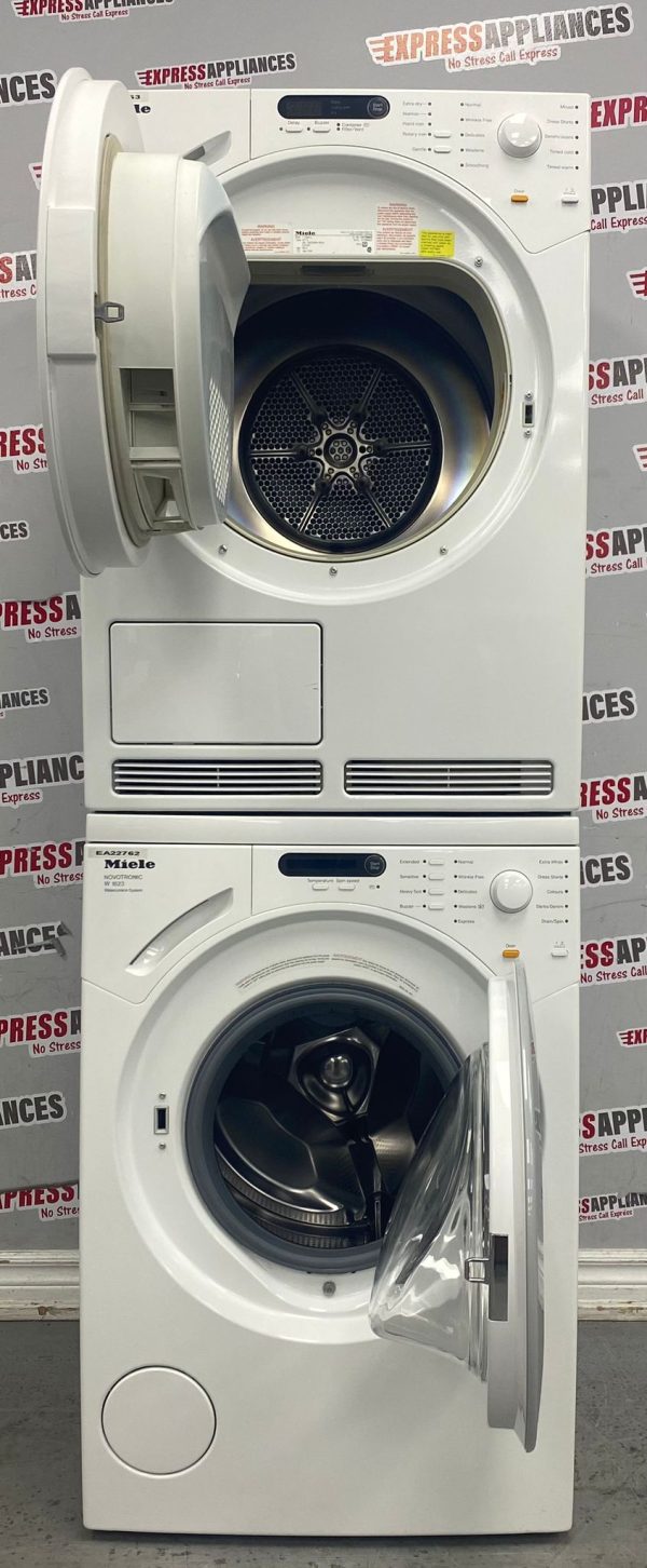 Used Miele 24” Front Load Washer and Ventless Dryer Stackable Set W1623 T7644C For Sale