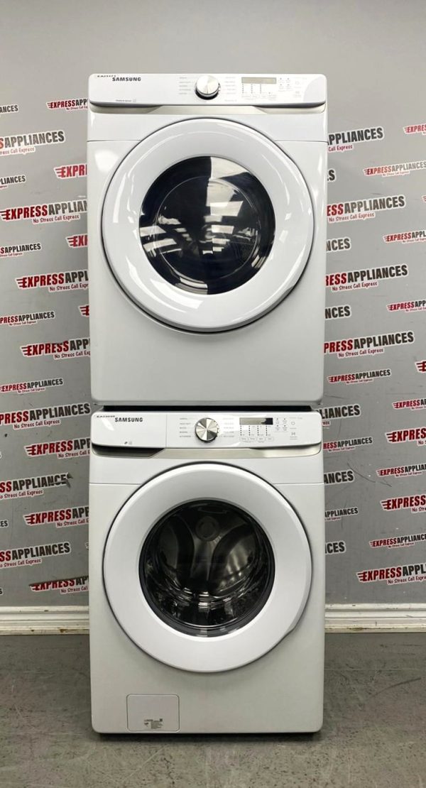 Used Samsung 27” Front Load Washer and Electric Dryer Stackable Set WF45T6000AW DVE45T6005W/AC For Sale