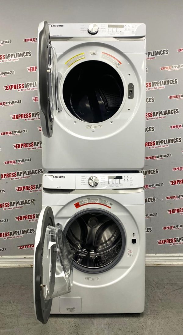 Used Samsung 27” Front Load Washer and Electric Dryer Stackable Set WF45T6000AW DVE45T6005W/AC For Sale