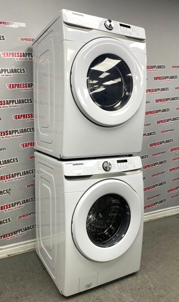 Used Samsung 27” Front Load Washer and Electric Dryer Stackable Set WF45T6000AW DVE45T6005W/AC For Sale