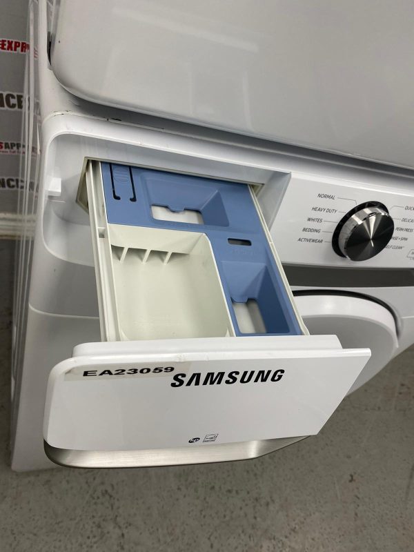 Used Samsung 27” Front Load Washer and Electric Dryer Stackable Set WF45T6000AW DVE45T6005W/AC For Sale