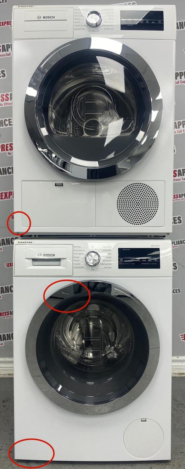 Used Bosch 24” Front Load Washer and Electric Ventless Dryer Stackable Set WAT28402UC WTG86402UC/01 For Sale