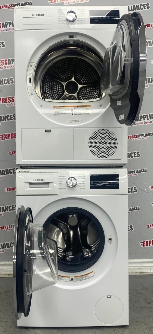 Used Bosch 24” Front Load Washer and Electric Ventless Dryer Stackable Set WAT28402UC WTG86402UC/01 For Sale