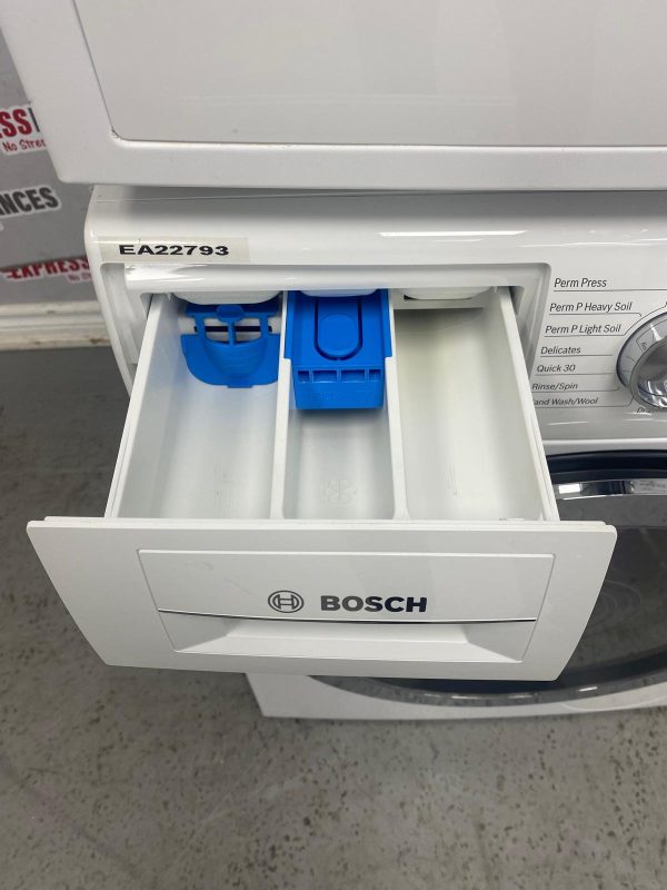 Used Bosch 24” Front Load Washer and Electric Ventless Dryer Stackable Set WAT28402UC WTG86402UC/01 For Sale