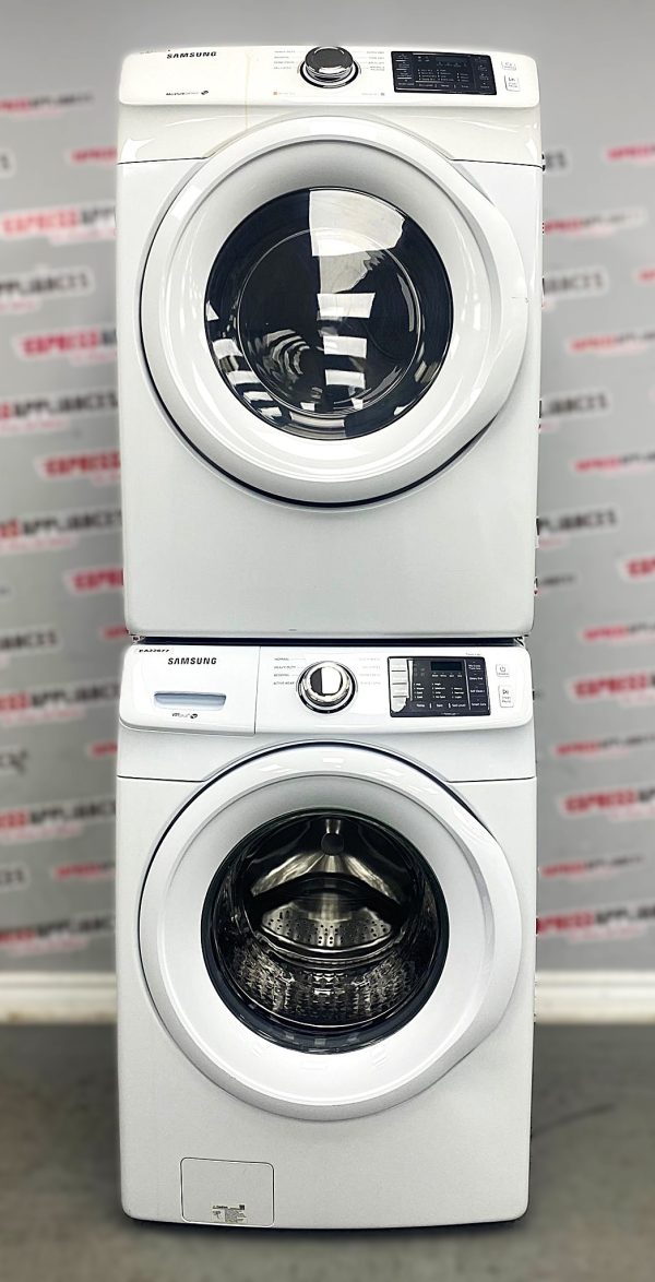 Used Samsung 27” Front Load Washer and Electric Dryer Stackable Set WF45M5100AW/A5 DV42H5000EW/AC SKU: REA22677 REA22681 For Sale