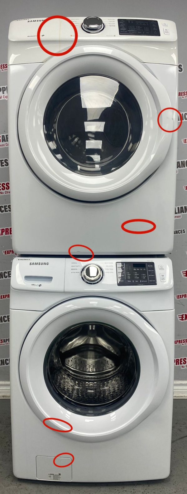 Used Samsung 27” Front Load Washer and Electric Dryer Stackable Set WF45M5100AW/A5 DV42H5000EW/AC SKU: REA22677 REA22681 For Sale