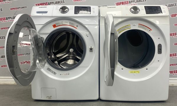 Used Samsung 27” Front Load Washer and Electric Dryer Stackable Set WF45M5100AW/A5 DV42H5000EW/AC SKU: REA22677 REA22681 For Sale