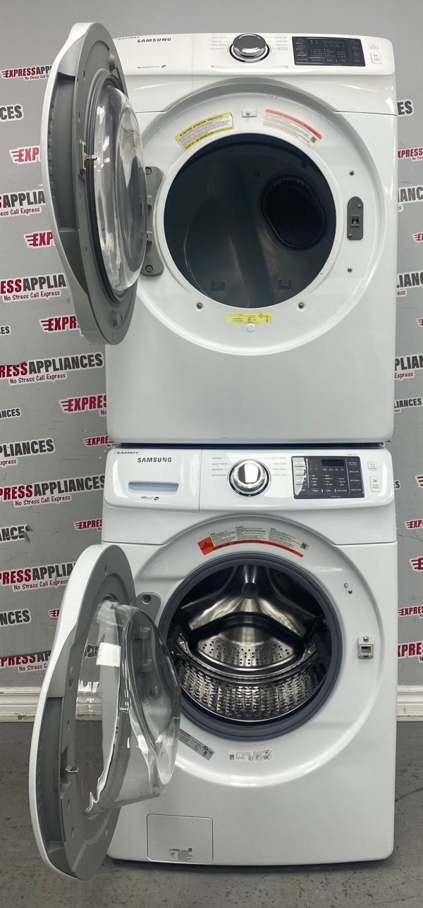 Used Samsung 27” Front Load Washer and Electric Dryer Stackable Set WF45M5100AW/A5 DV42H5000EW/AC SKU: REA22677 REA22681 For Sale