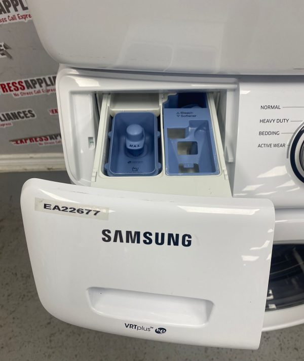 Used Samsung 27” Front Load Washer and Electric Dryer Stackable Set WF45M5100AW/A5 DV42H5000EW/AC SKU: REA22677 REA22681 For Sale