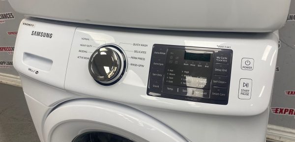 Used Samsung 27” Front Load Washer and Electric Dryer Stackable Set WF45M5100AW/A5 DV42H5000EW/AC SKU: REA22677 REA22681 For Sale