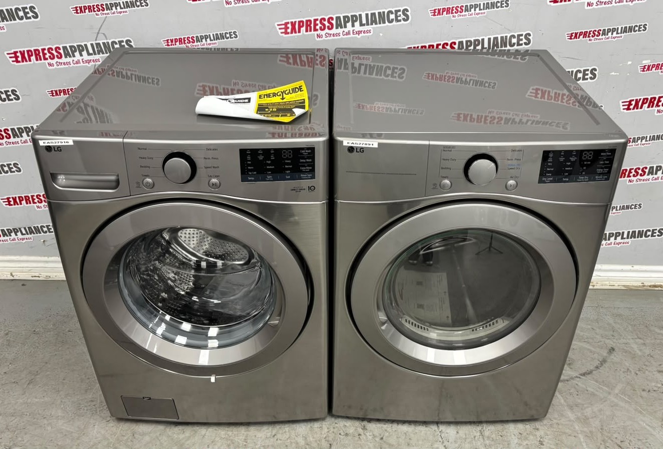 Open Box LG 27” Front Load Washer and Electric Dryer Stackable Set WM3400CV DLE3400V For Sale Open Box LG 27” Front Load Washer and Electric Dryer Stackable Set WM3400CV DLE3400V For Sale