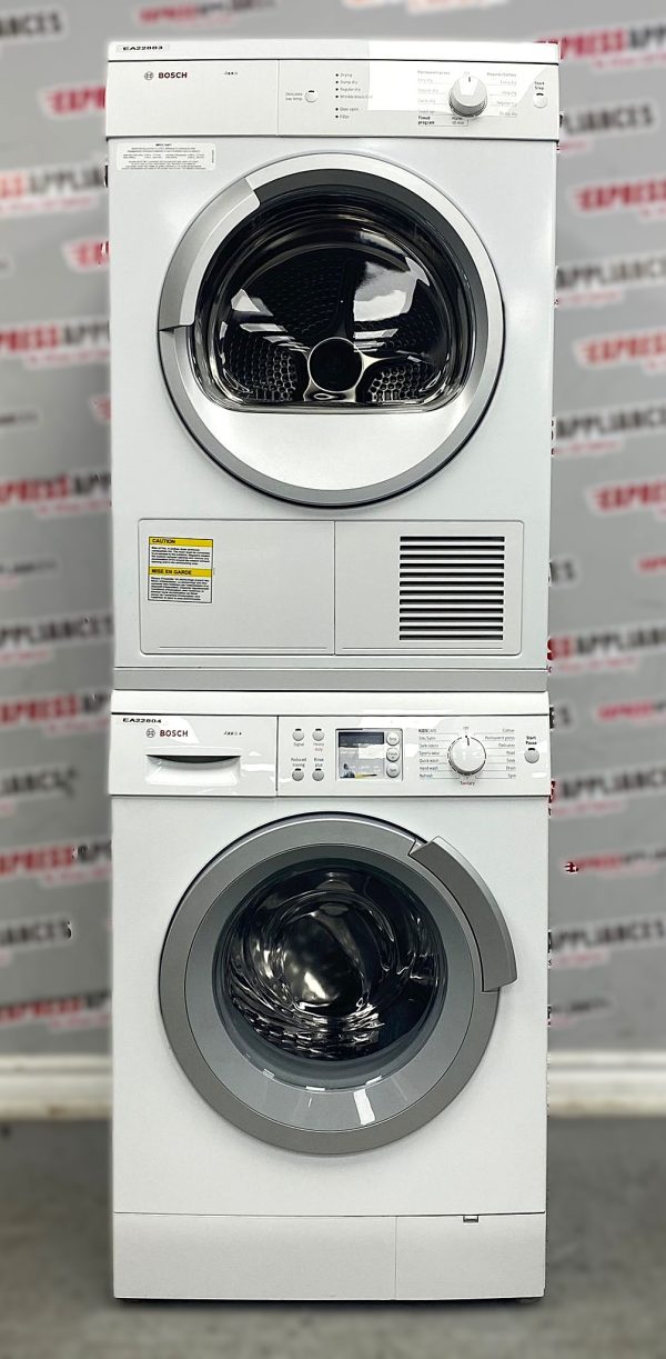 Used Bosch 24” Front Load Washer and Electric Dryer Stackable Set WAS24460UC WTV76100CN For Sale