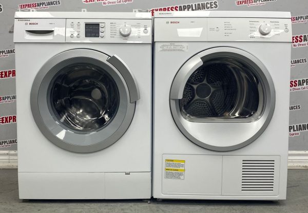 Used Bosch 24” Front Load Washer and Electric Dryer Stackable Set WAS24460UC WTV76100CN For Sale