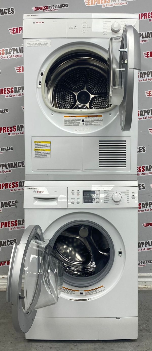 Used Bosch 24” Front Load Washer and Electric Dryer Stackable Set WAS24460UC WTV76100CN For Sale