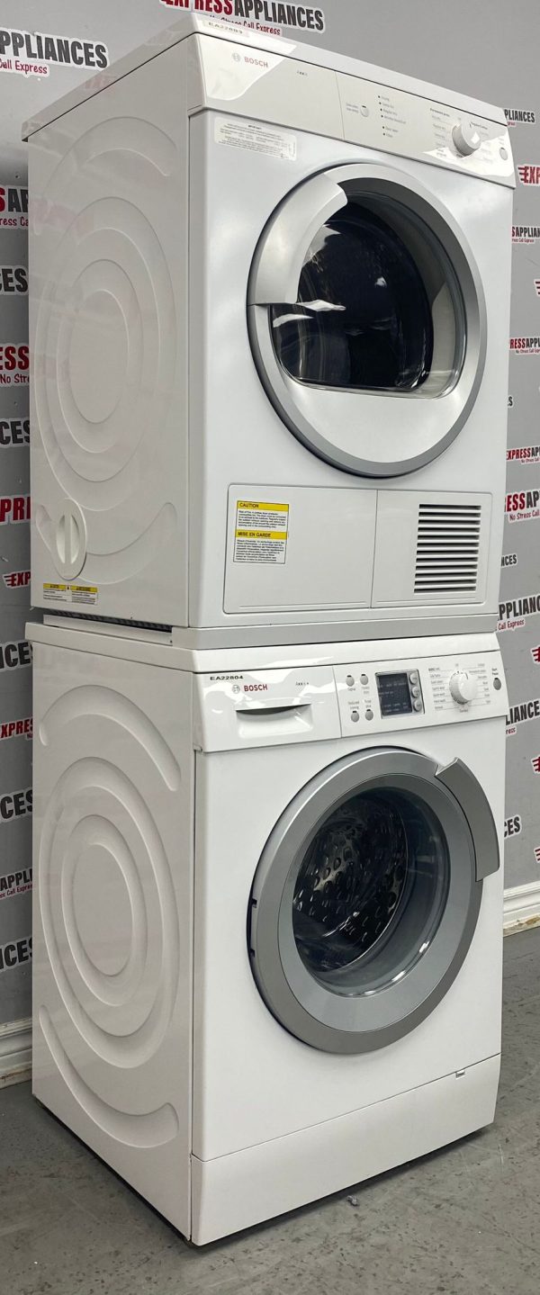 Used Bosch 24” Front Load Washer and Electric Dryer Stackable Set WAS24460UC WTV76100CN For Sale