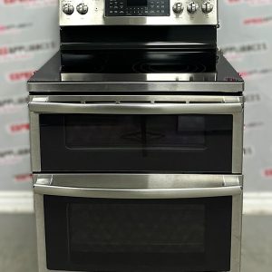 Used GE 30” Freestanding Glass Top Double Oven Stove PCB980SJ2SS For Sale