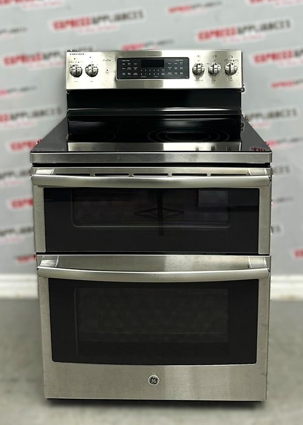 Used GE 30” Freestanding Glass Top Double Oven Stove PCB980SJ2SS For Sale