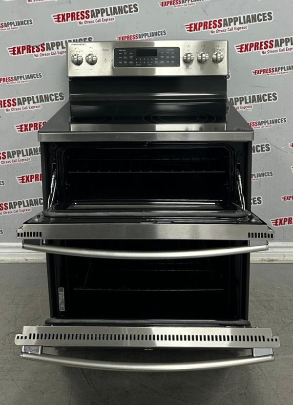 Used GE 30” Freestanding Glass Top Double Oven Stove PCB980SJ2SS For Sale