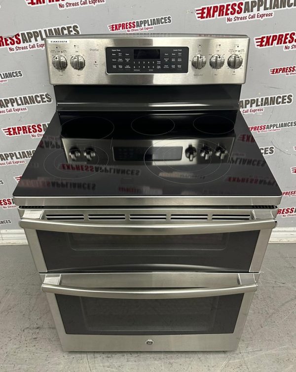 Used GE 30” Freestanding Glass Top Double Oven Stove PCB980SJ2SS For Sale