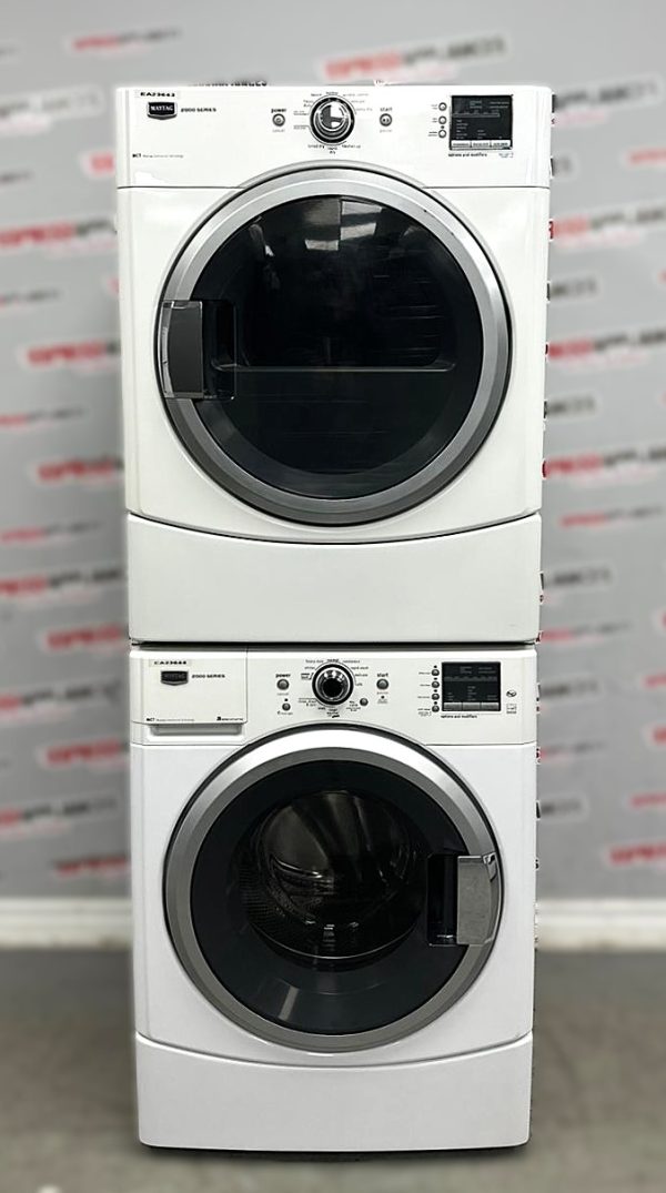 Used Maytag 27” Front Load Washer and Electric Dryer Stackable Set MHWE200XW00 YMEDE200XW1 For Sale