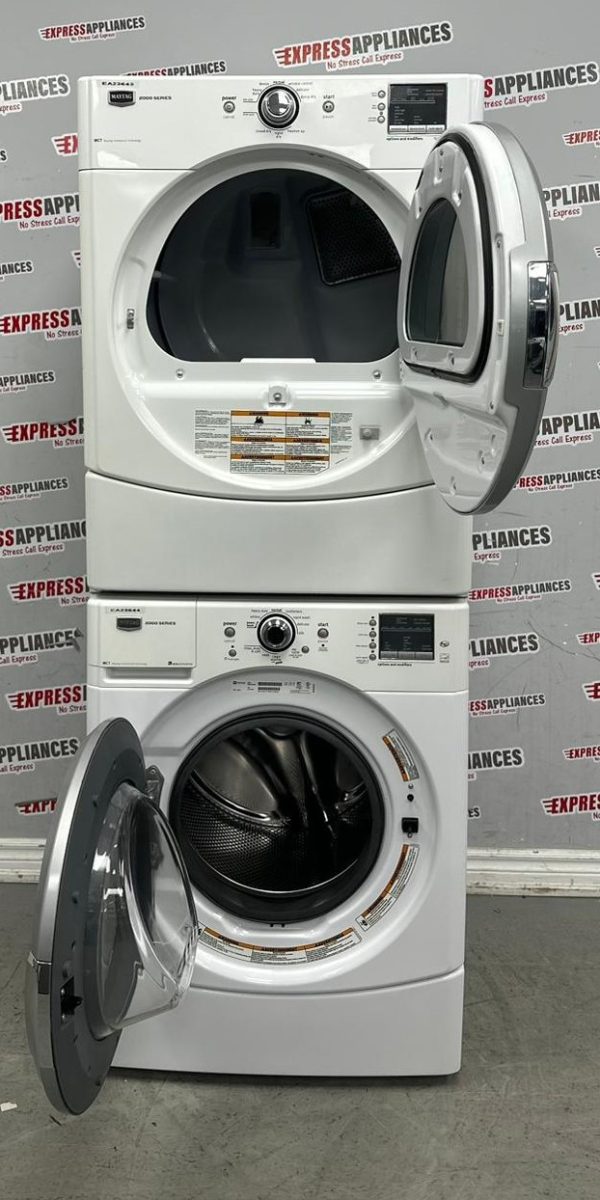 Used Maytag 27” Front Load Washer and Electric Dryer Stackable Set MHWE200XW00 YMEDE200XW1 For Sale