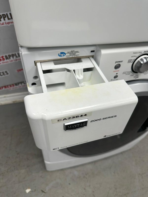 Used Maytag 27” Front Load Washer and Electric Dryer Stackable Set MHWE200XW00 YMEDE200XW1 For Sale