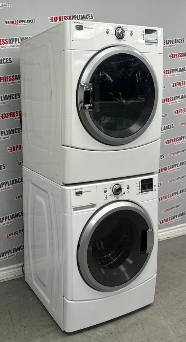 Used Maytag 27” Front Load Washer and Electric Dryer Stackable Set MHWE200XW00 YMEDE200XW1 For Sale