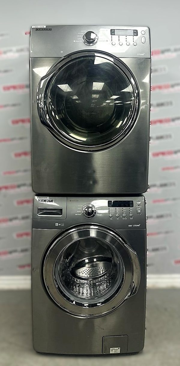 Used Samsung 27” Front Load Washer and Electric Dryer Stackable Set WF350ANP/XAA01 DV350AEP/XAC For Sale