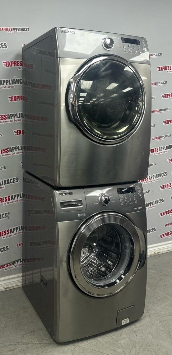 Used Samsung 27” Front Load Washer and Electric Dryer Stackable Set WF350ANP/XAA01 DV350AEP/XAC For Sale