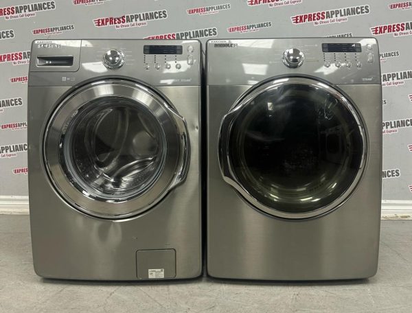 Used Samsung 27” Front Load Washer and Electric Dryer Stackable Set WF350ANP/XAA01 DV350AEP/XAC For Sale