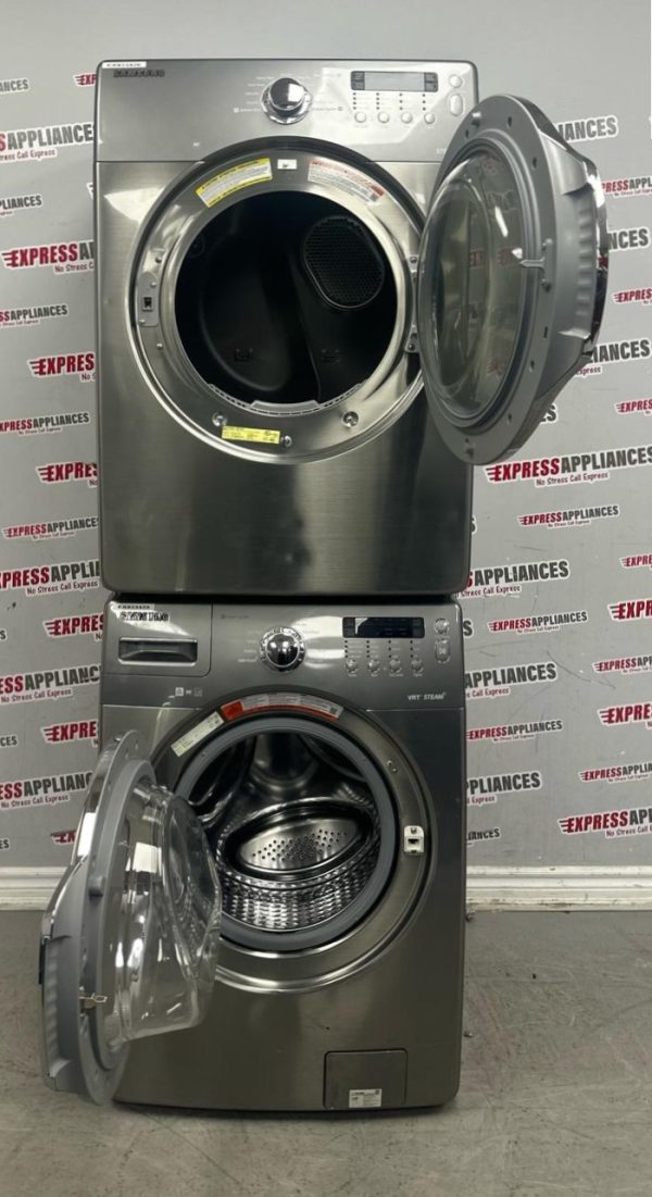 Used Samsung 27” Front Load Washer and Electric Dryer Stackable Set WF350ANP/XAA01 DV350AEP/XAC For Sale