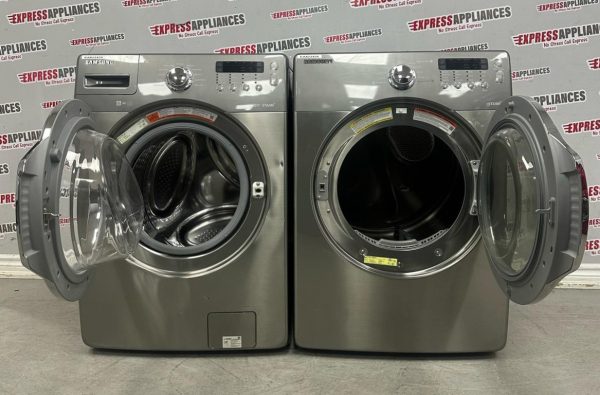 Used Samsung 27” Front Load Washer and Electric Dryer Stackable Set WF350ANP/XAA01 DV350AEP/XAC For Sale