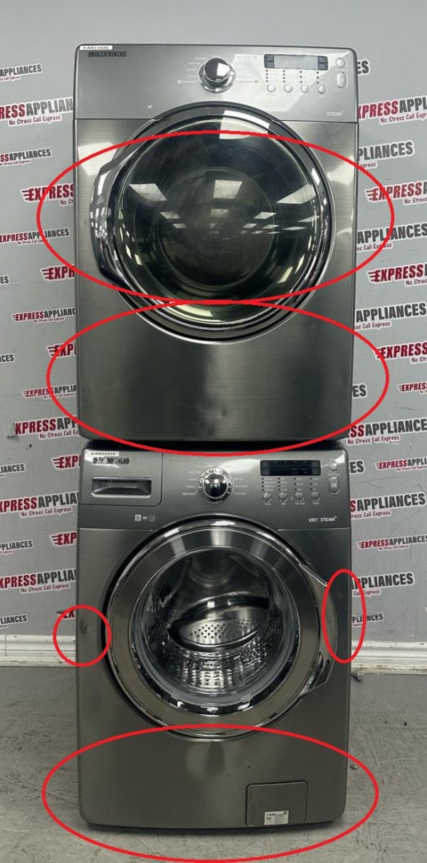 Used Samsung 27” Front Load Washer and Electric Dryer Stackable Set WF350ANP/XAA01 DV350AEP/XAC For Sale