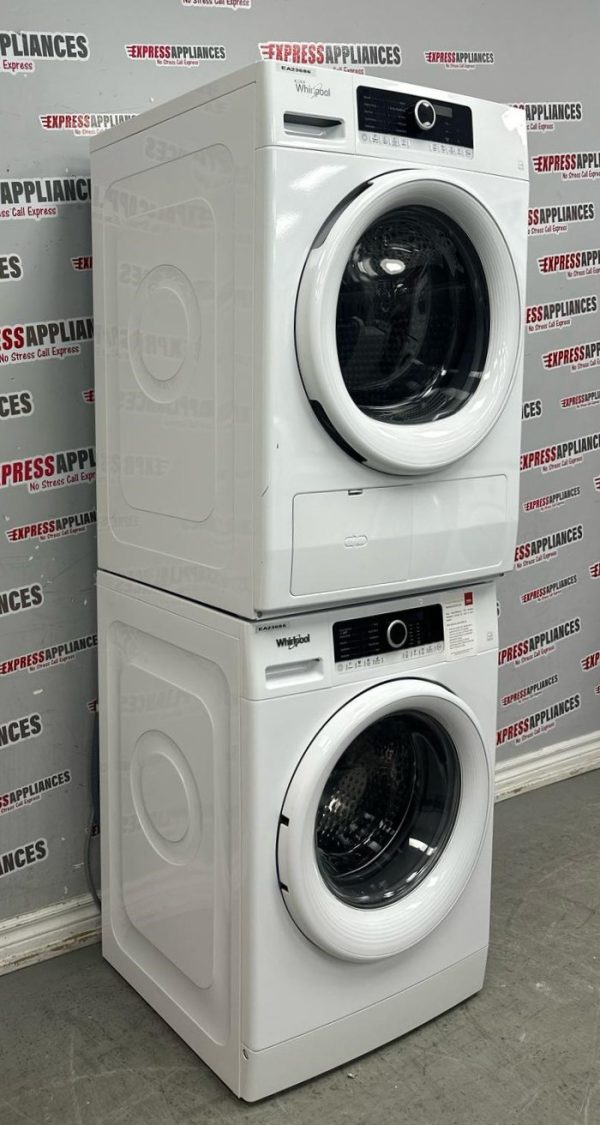 Used Whirlpool 24” Front Load Washer and Electric Ventless Dryer Stackable Set WFW3090JW YWHD3090GW0 For Sale