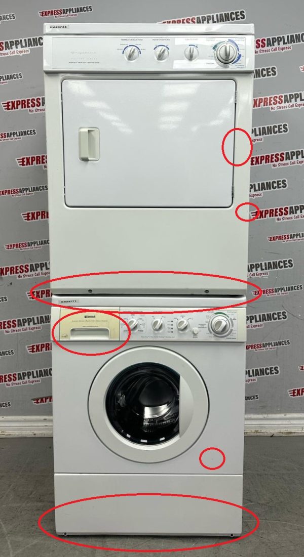 Used 27” Kenmore Front Load Washer and Frigidaire Electric Dryer Stackable Set 970-C47062-10 GLEQ442CES0 For Sale