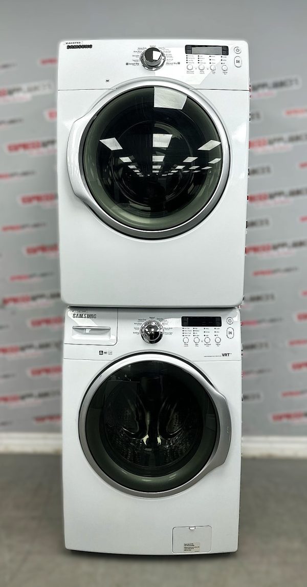 Used Samsung 27” Front Load Washer and Electric Dryer Stackable Set WF330ANW/XAC06 DV330AEW/XAC05 For Sale