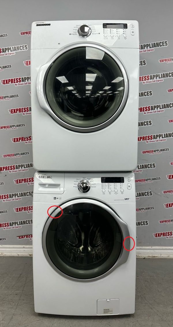 Used Samsung 27” Front Load Washer and Electric Dryer Stackable Set WF330ANW/XAC06 DV330AEW/XAC05 For Sale